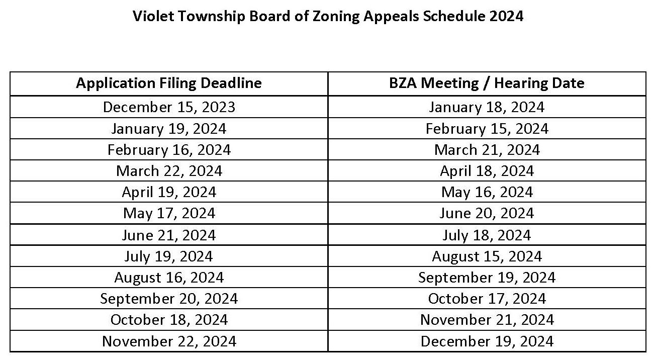 Violet Township Board of Zoning Appeals Schedule 2024